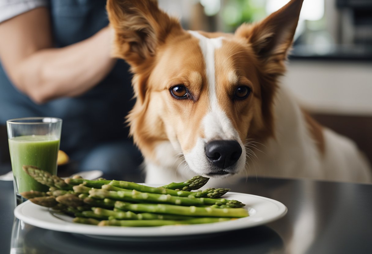 A dog eagerly sniffs a plate of asparagus, while its owner watches with curiosity