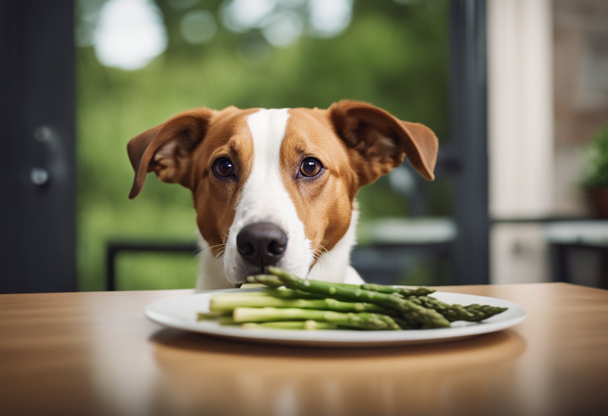 A curious dog sniffs a plate of asparagus, while a question mark hovers above its head