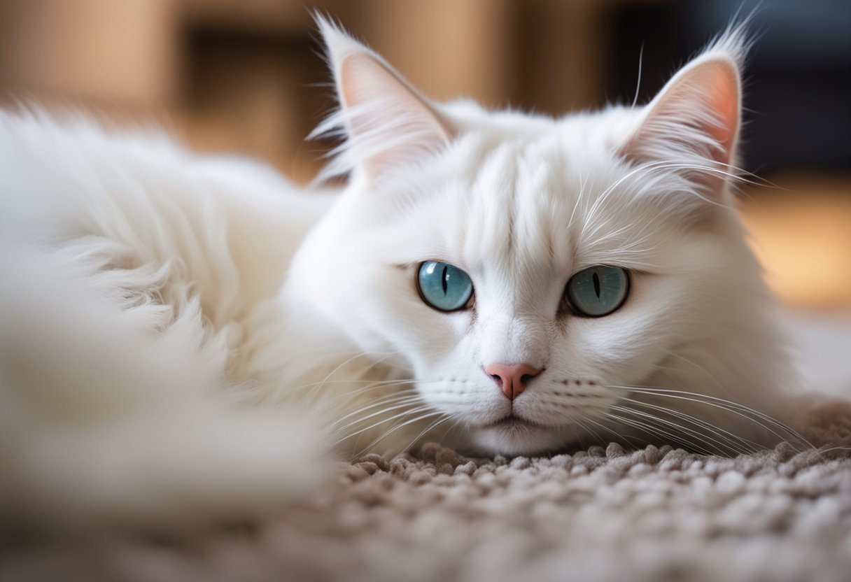 A fluffy white cat sheds hair on a plush carpet. A cordless vacuum sucks up the pet hair effortlessly