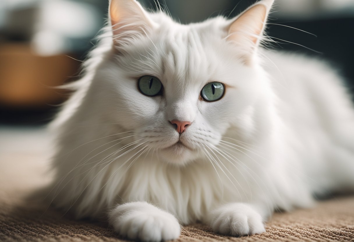 A fluffy white cat sheds hair on a carpet. A cordless vacuum sucks up the pet hair effortlessly