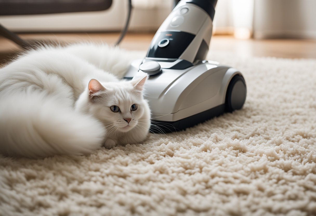 A fluffy white cat sheds on a plush carpet next to a cordless vacuum. The vacuum's powerful suction effortlessly removes pet hair from the carpet