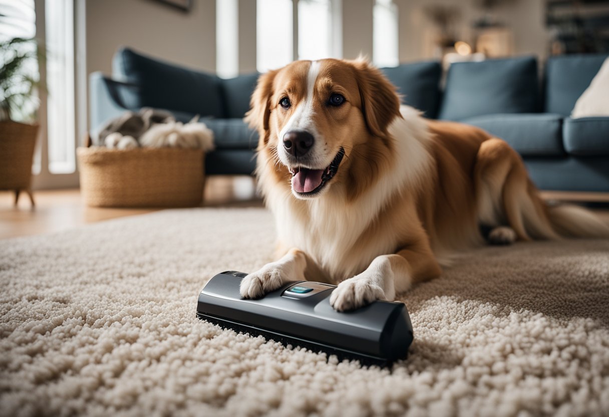 A happy dog playing in a clean living room, while a cordless vacuum effortlessly removes pet hair from the carpet