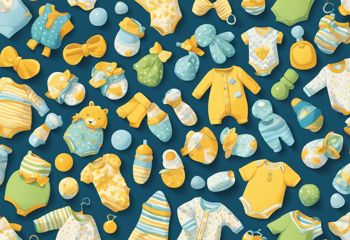 A colorful array of baby-related items, such as rattles, onesies, and pacifiers, arranged in a playful and inviting manner