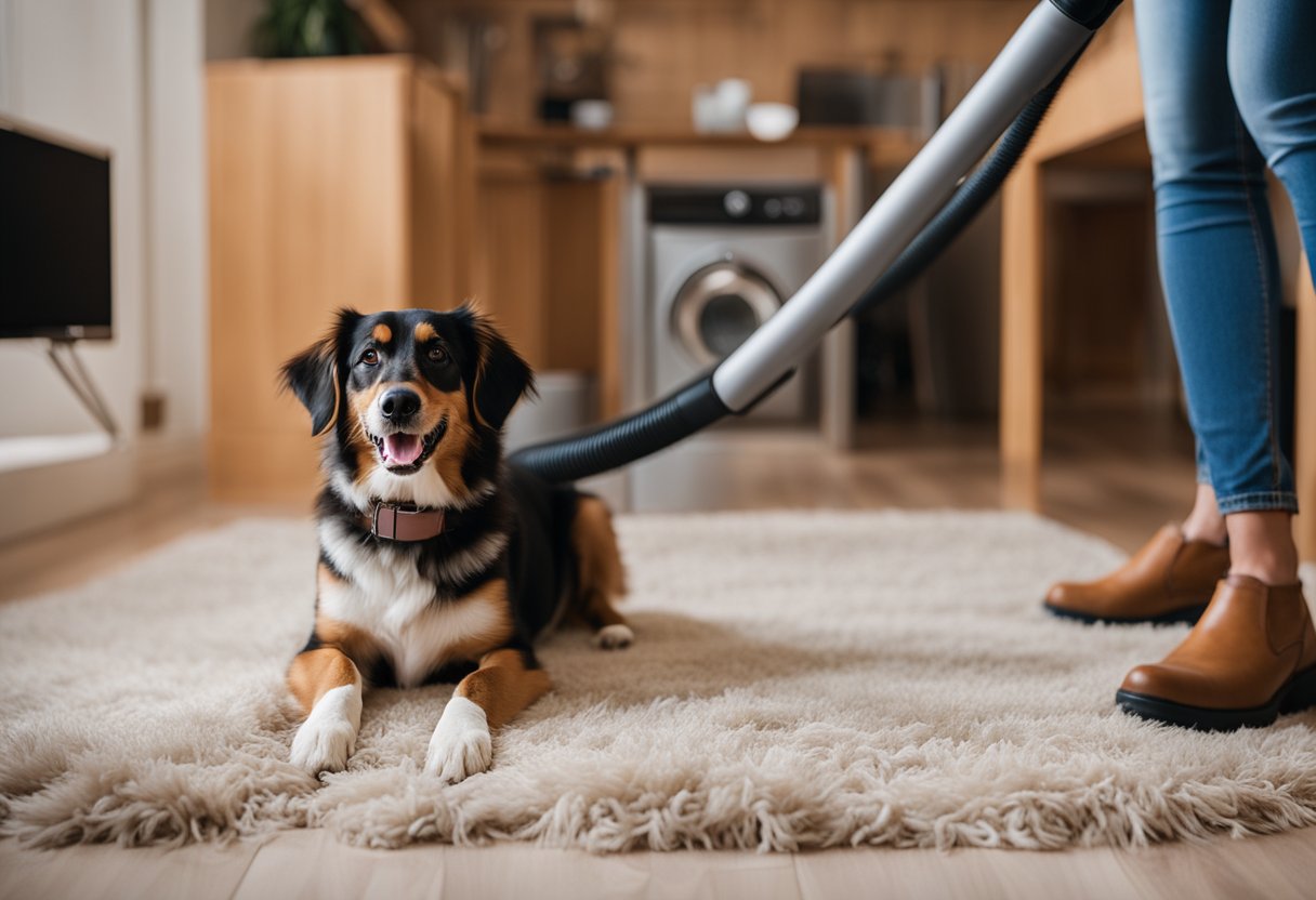 A happy dog playing in a clean, fur-free home while a cordless vacuum effortlessly removes pet hair from the floor and furniture