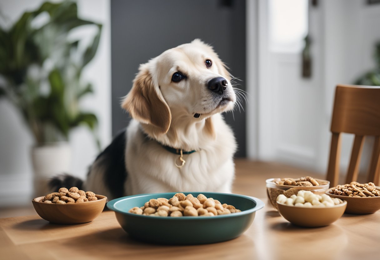 A dog eating from a full food bowl, surrounded by treats and snacks