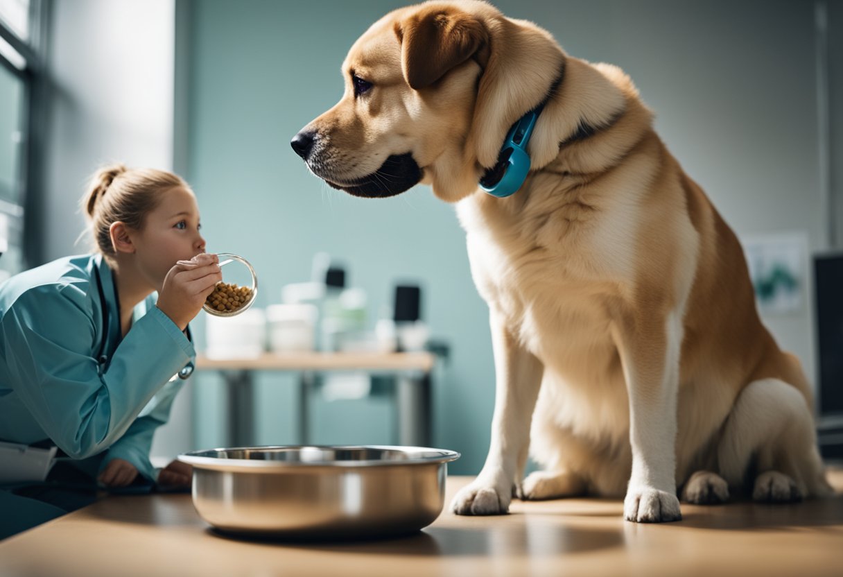 A plump dog eagerly eats from a full food bowl while a veterinarian observes its weight and body condition