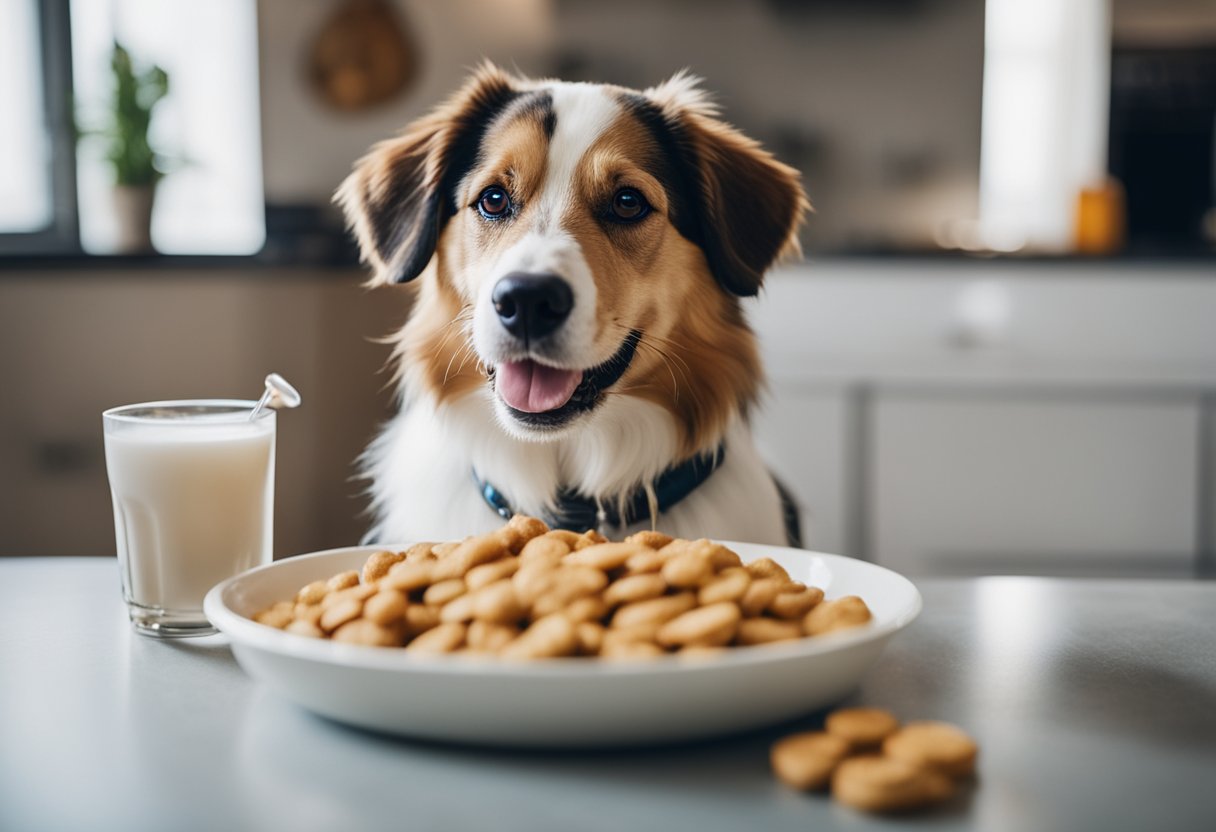 A dog eagerly eating from a bowl of food, surrounded by treats and a full water dish