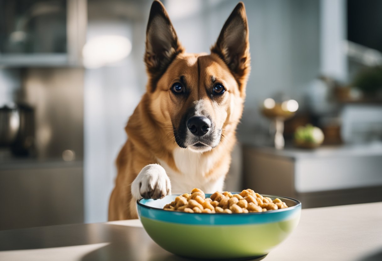 A dog eagerly devouring a bowl of rich, nutritious food while wagging its tail