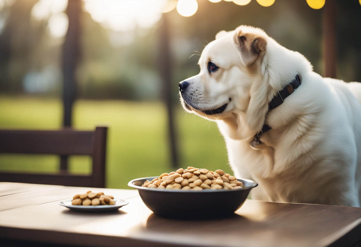 A plump dog eagerly devours a bowl overflowing with food, surrounded by scattered treats and a full water dish