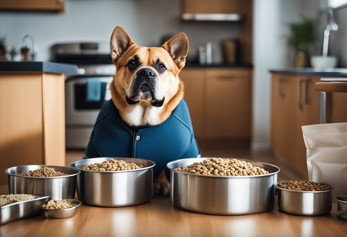 A chubby dog surrounded by empty food bowls, treats, and a concerned owner holding a bag of dog food