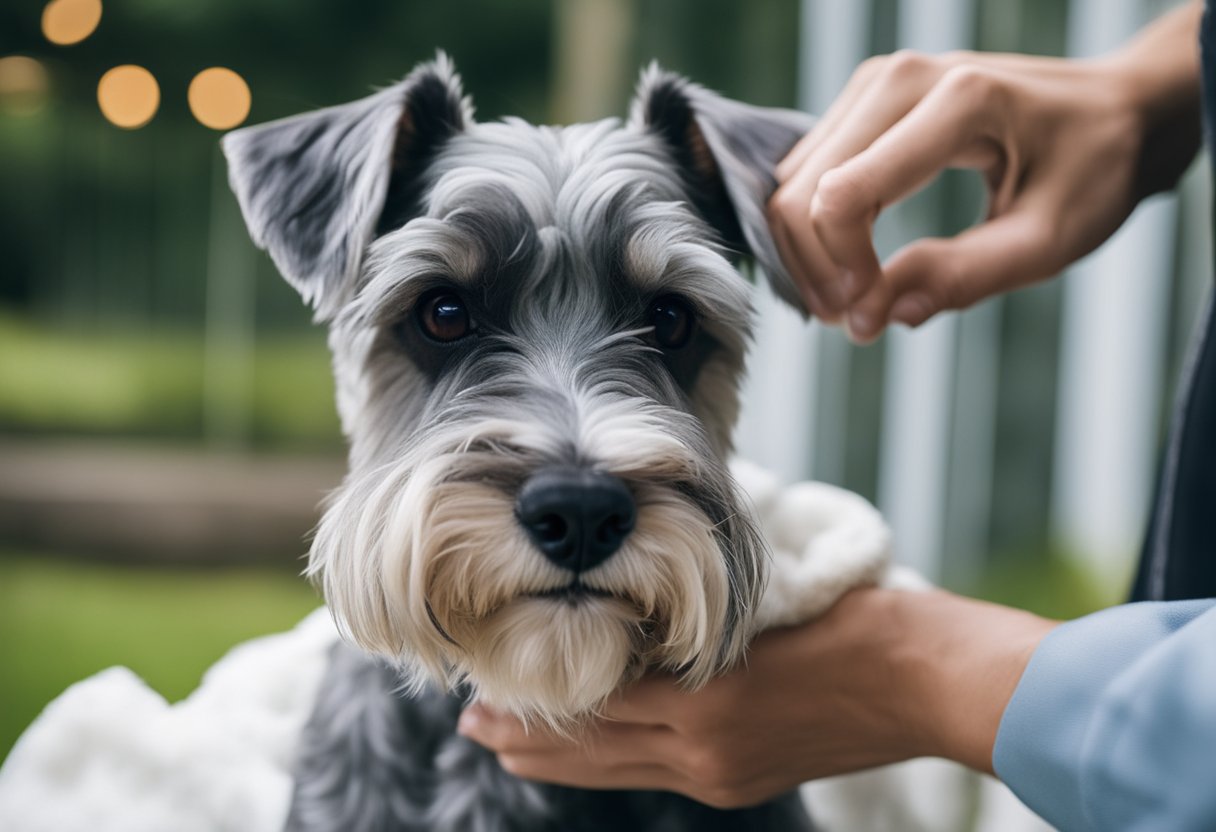 A schnauzer with a white face being gently wiped with a damp cloth by a person, using a dog-safe whitening shampoo to maintain its cleanliness and brightness