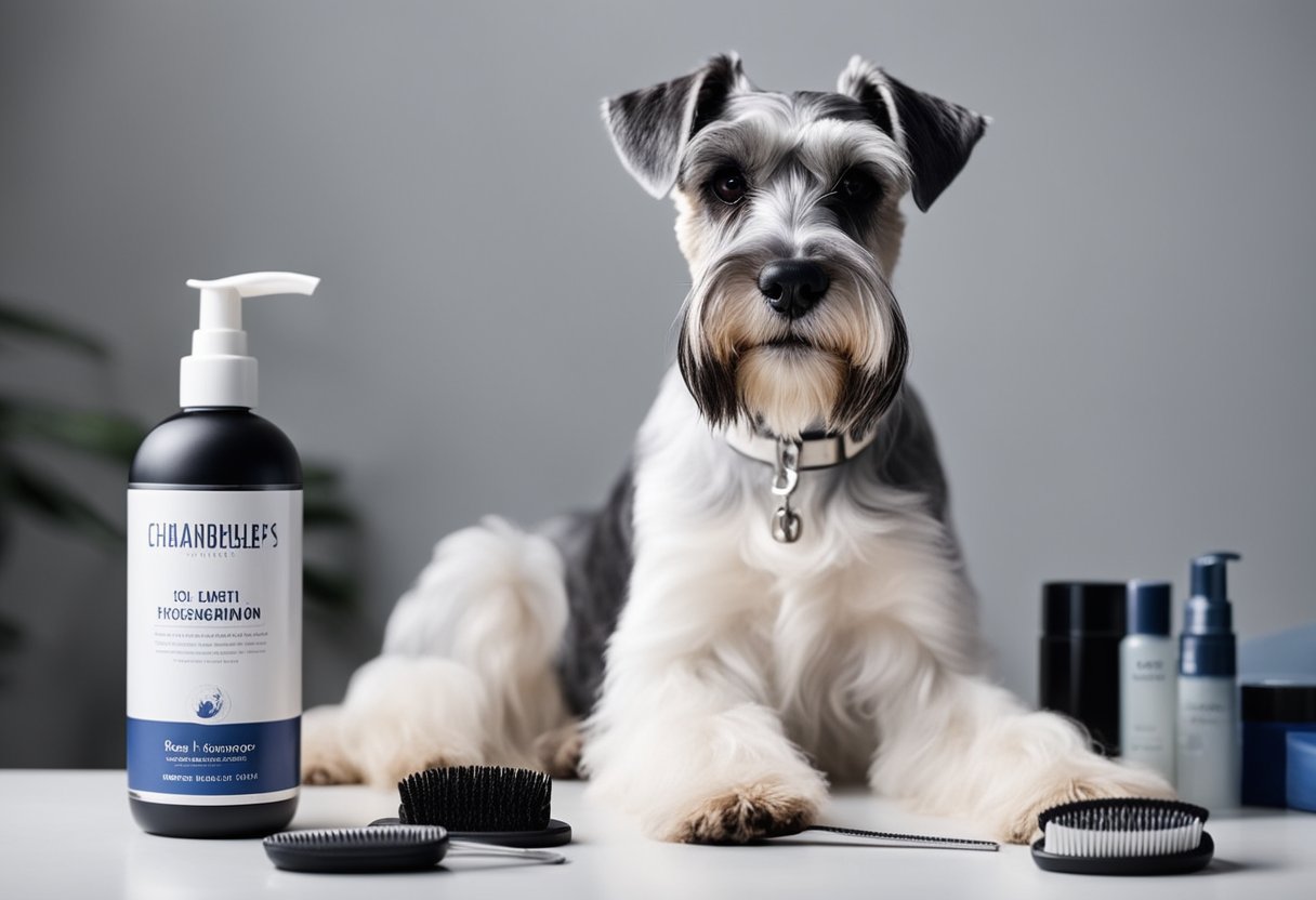 A schnauzer with a white, clean face surrounded by grooming tools and products, such as dog shampoo, combs, and wipes