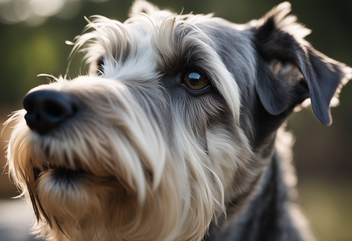 A schnauzer's face is being gently wiped with a damp cloth, removing any dirt or stains to keep it white. The dog sits patiently, enjoying the attention