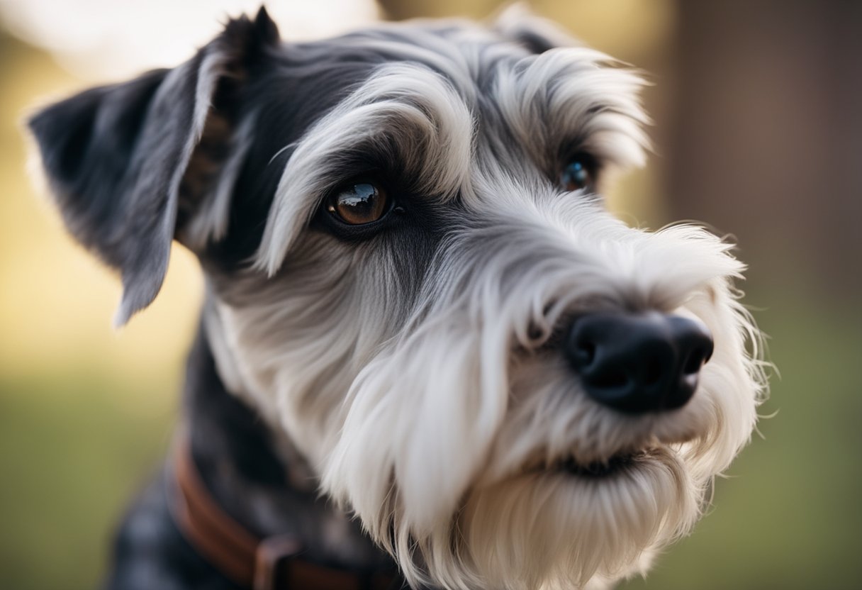 A schnauzer with a clean, white face, sitting patiently as its owner gently wipes its muzzle with a damp cloth