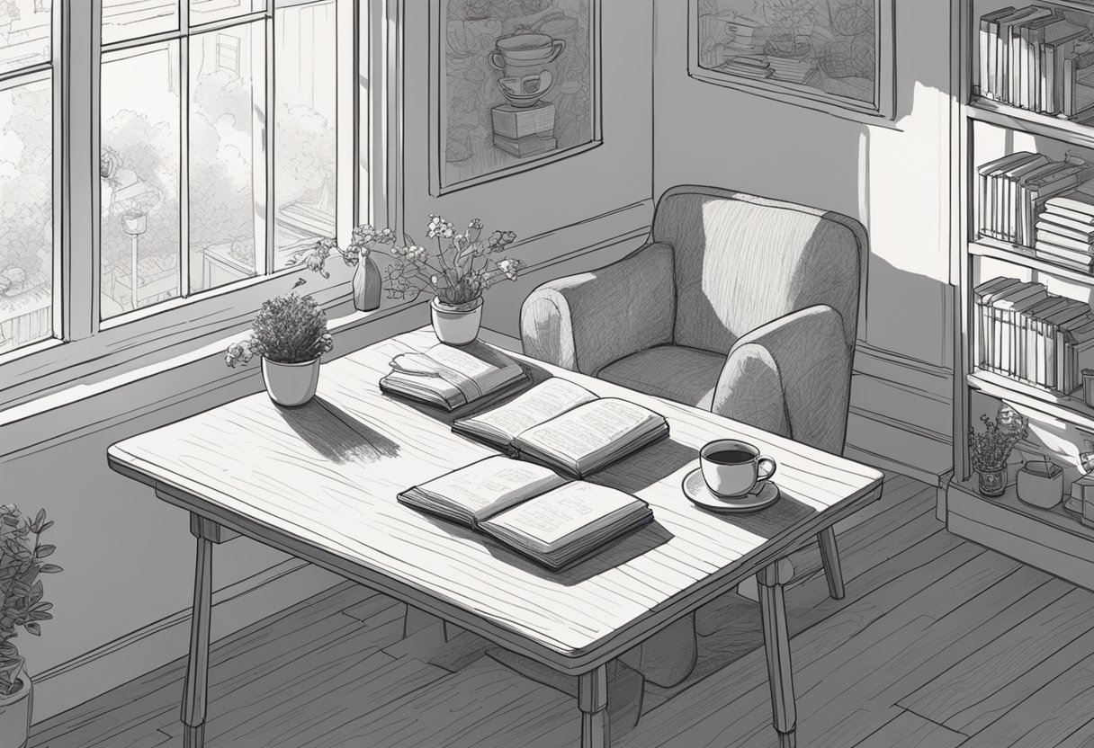 A cozy, sunlit room with a desk covered in baby name books and a notepad filled with scribbled ideas. A cup of tea steams on the table