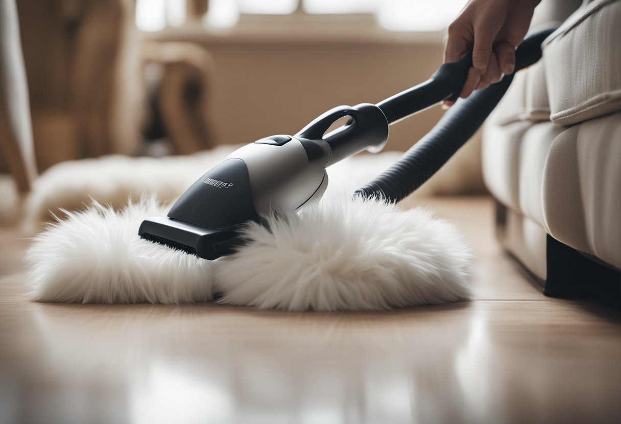 A fluffy pet surrounded by loose fur, with a brush, vacuum, lint roller, and grooming gloves nearby. A clean home with minimal fur on furniture and floors