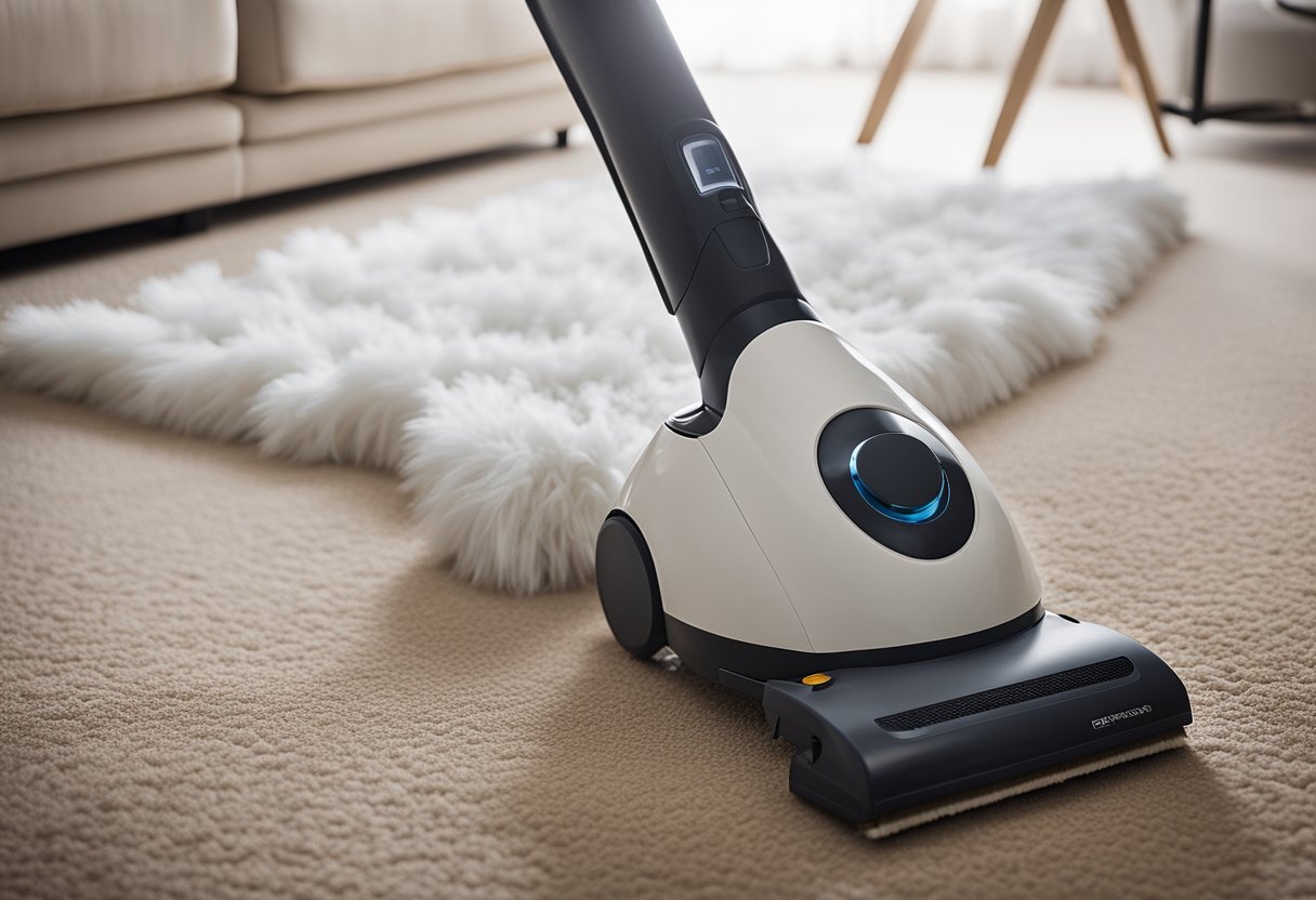 A room with a vacuum cleaner, lint roller, grooming brush, air purifier, and pet hair remover sheets. Hair is visibly being removed from furniture and floor