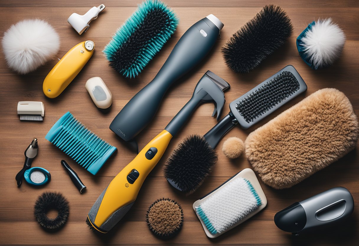 Various pet grooming tools scattered on a clean floor, with a brush removing loose fur from a pet bed, a vacuum cleaner sucking up pet hair from a rug, and a lint roller rolling over a couch