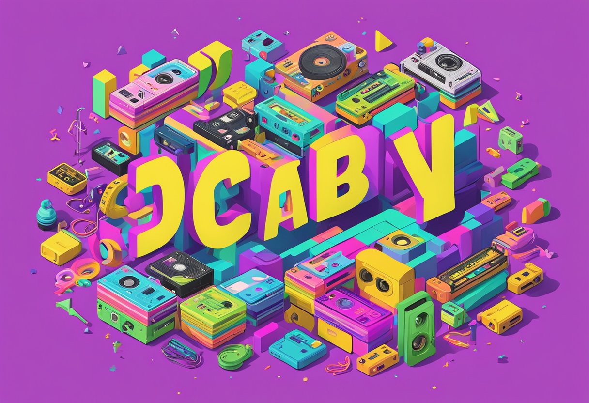 A colorful collage of popular 90s baby girl names in bold, playful fonts surrounded by iconic 90s symbols like cassette tapes, scrunchies, and neon colors