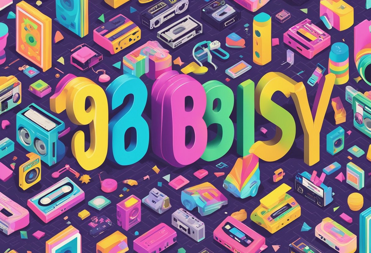 A colorful collage of popular 90s baby girl names in bold, playful fonts. The names are surrounded by iconic 90s symbols like cassette tapes, scrunchies, and neon colors