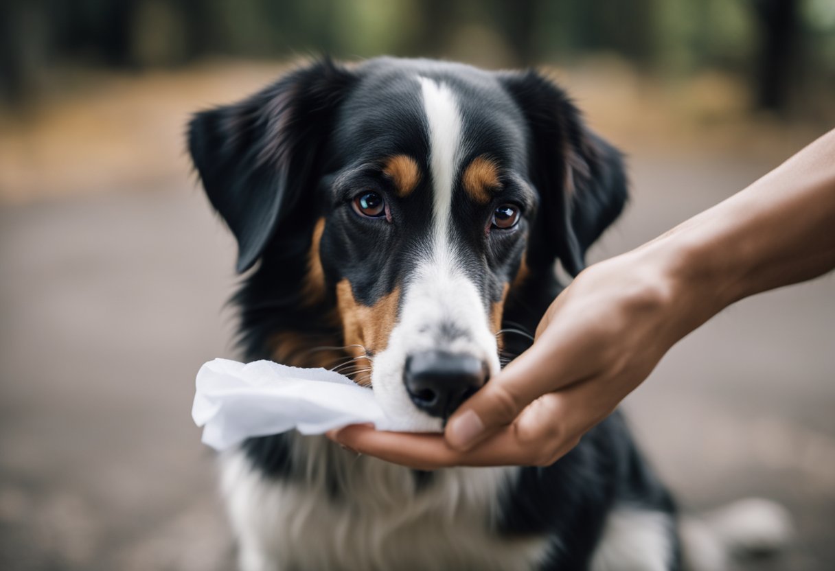 A dog owner empties their dog's anal sacs with a gloved hand and a tissue, while the dog stands or sits calmly