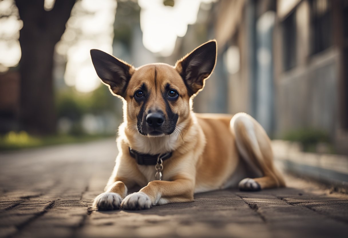 A dog sitting on the ground with a discomforted expression, turning its head to look at its hindquarters while its tail is tucked between its legs