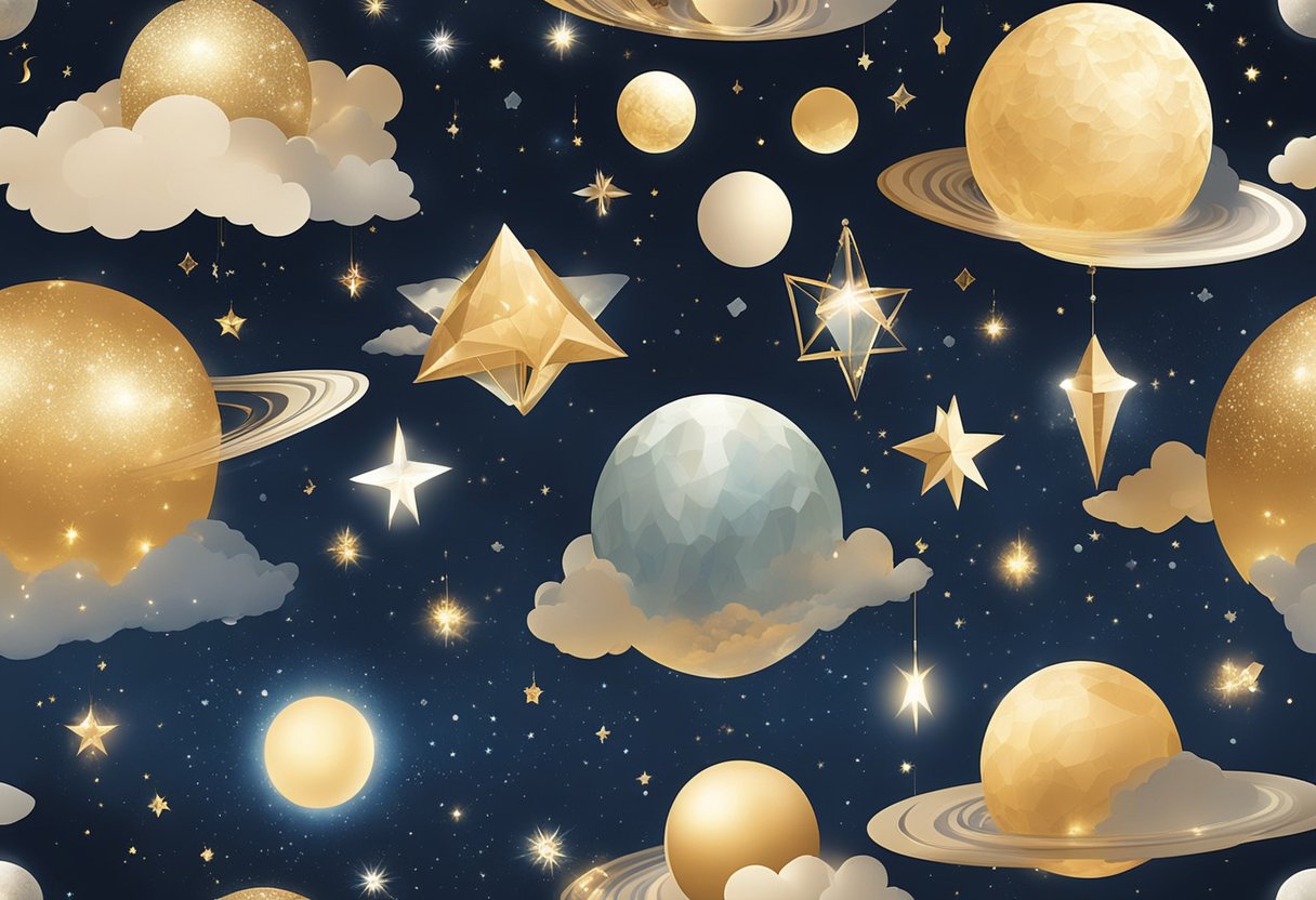 A collection of elegant, mystical names floats in a celestial backdrop, surrounded by shimmering stars and ethereal light