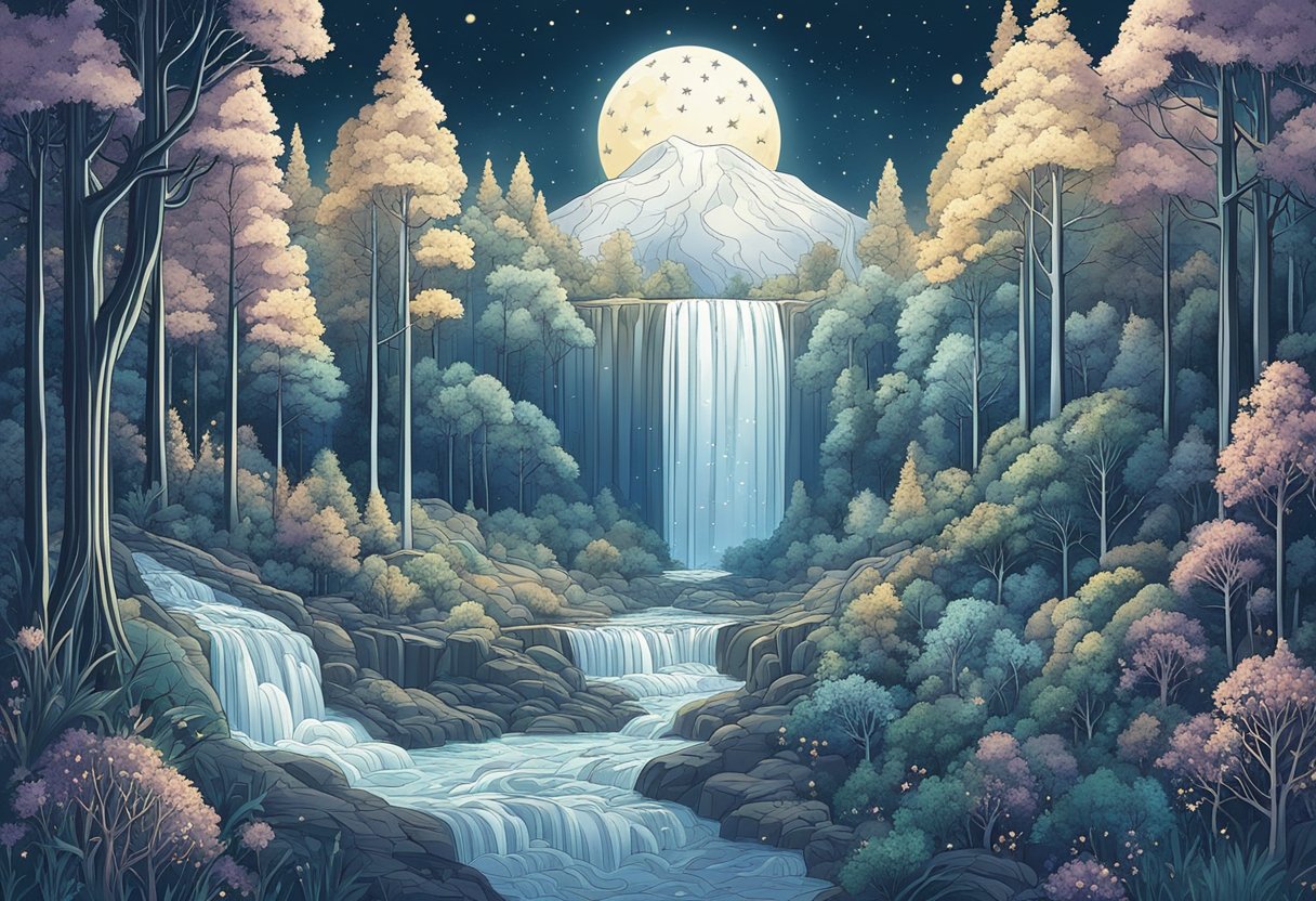 A magical forest with glowing flora and fauna, a sparkling waterfall, and a celestial sky filled with stars and constellations