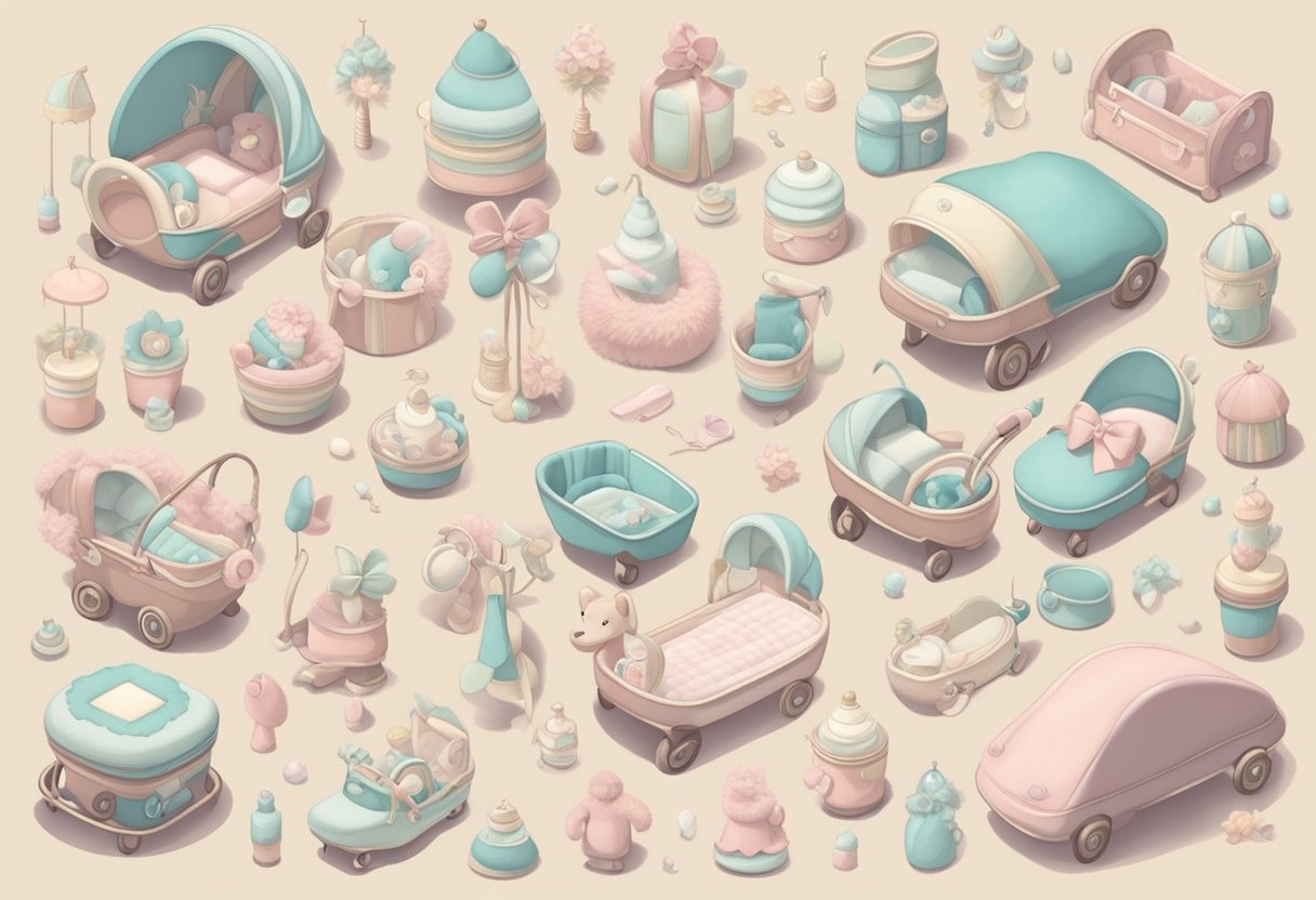A collection of baby items arranged in a whimsical and enchanting manner, with soft pastel colors and delicate details