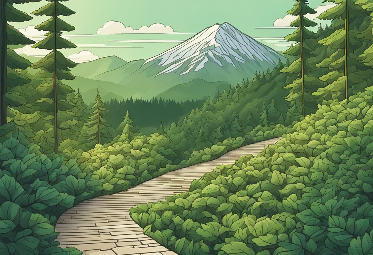 A path winding through a lush forest, leading to a distant mountain peak