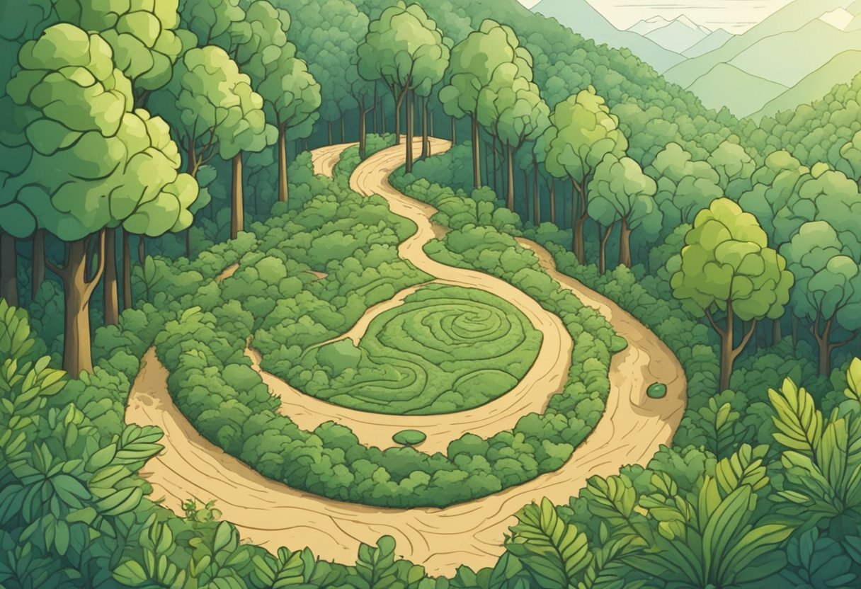 A winding path through a lush forest, with a compass and map lying on the ground, surrounded by footprints in the dirt