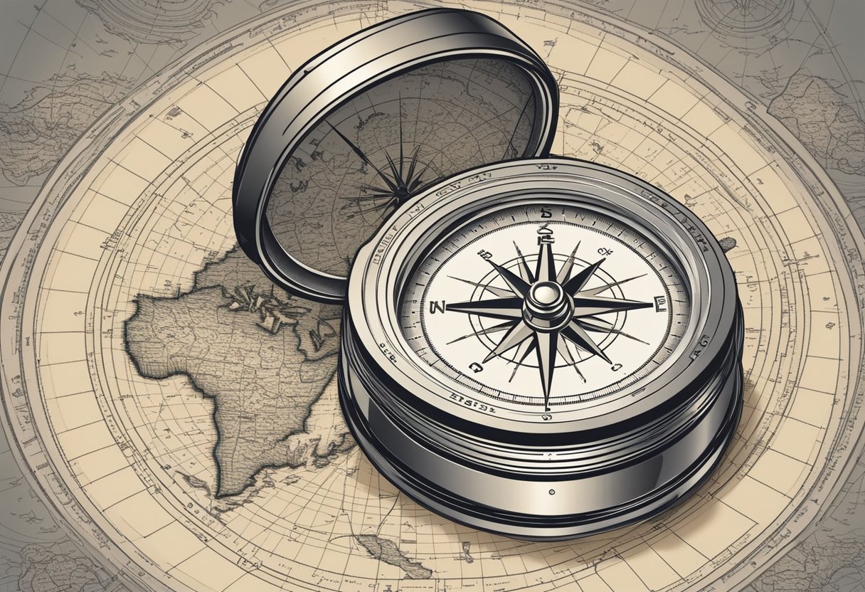 A compass surrounded by symbols of travel and exploration