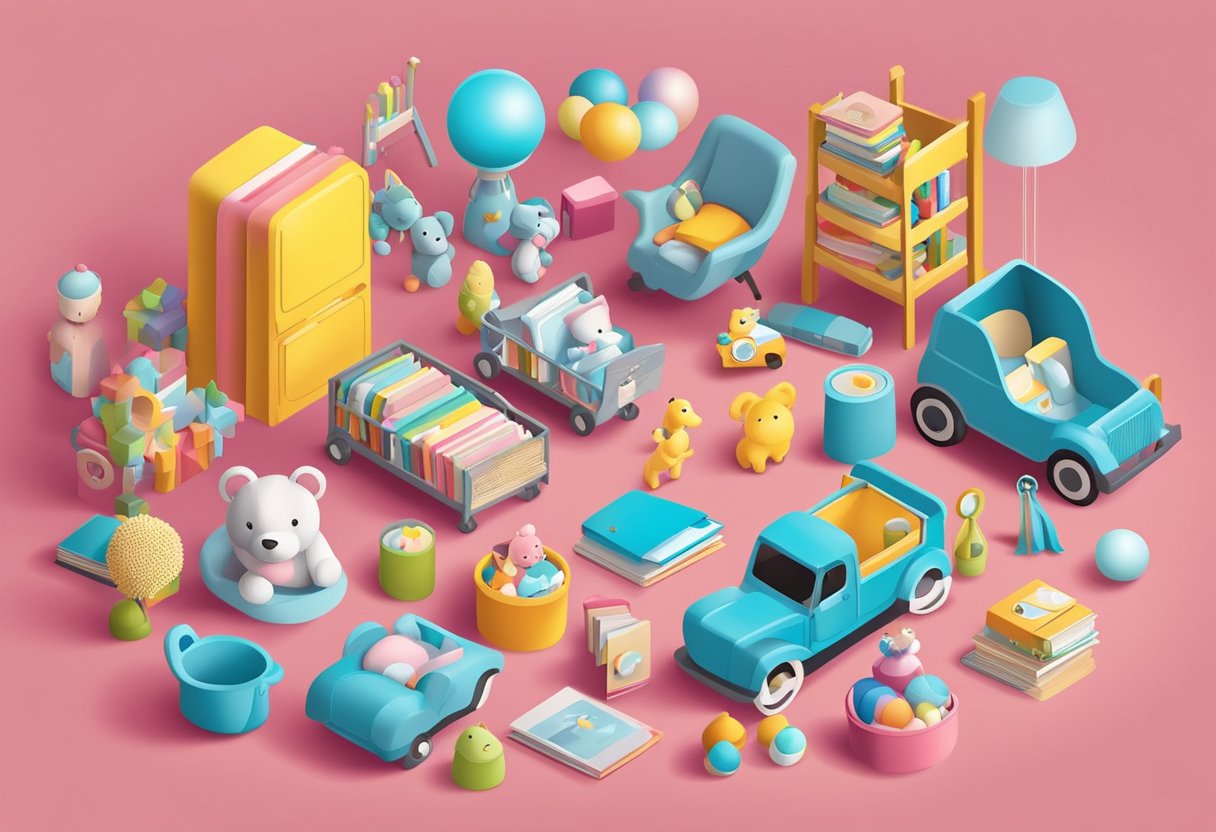 A colorful array of baby-related items arranged in a pleasing composition, including toys, books, and clothing