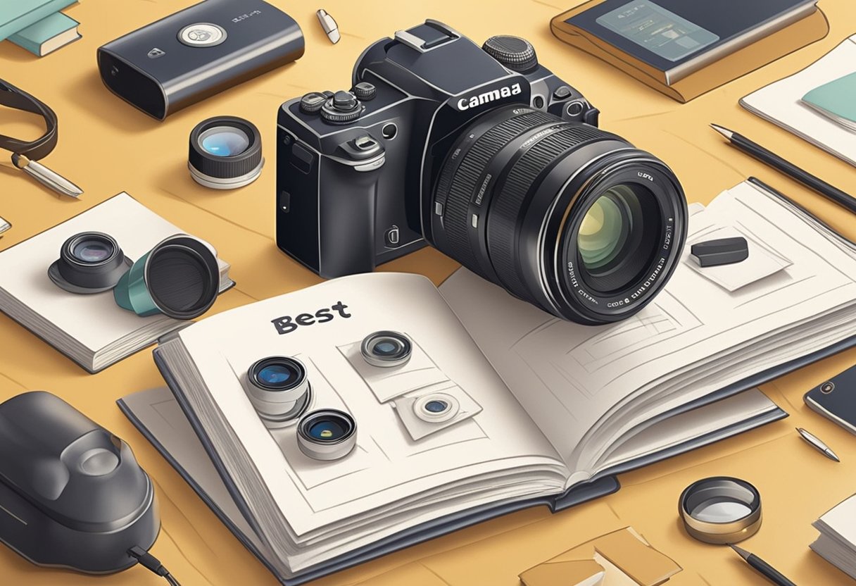 A camera capturing "Best Names Photography" logo with baby name books and cute props arranged on a table for a photoshoot