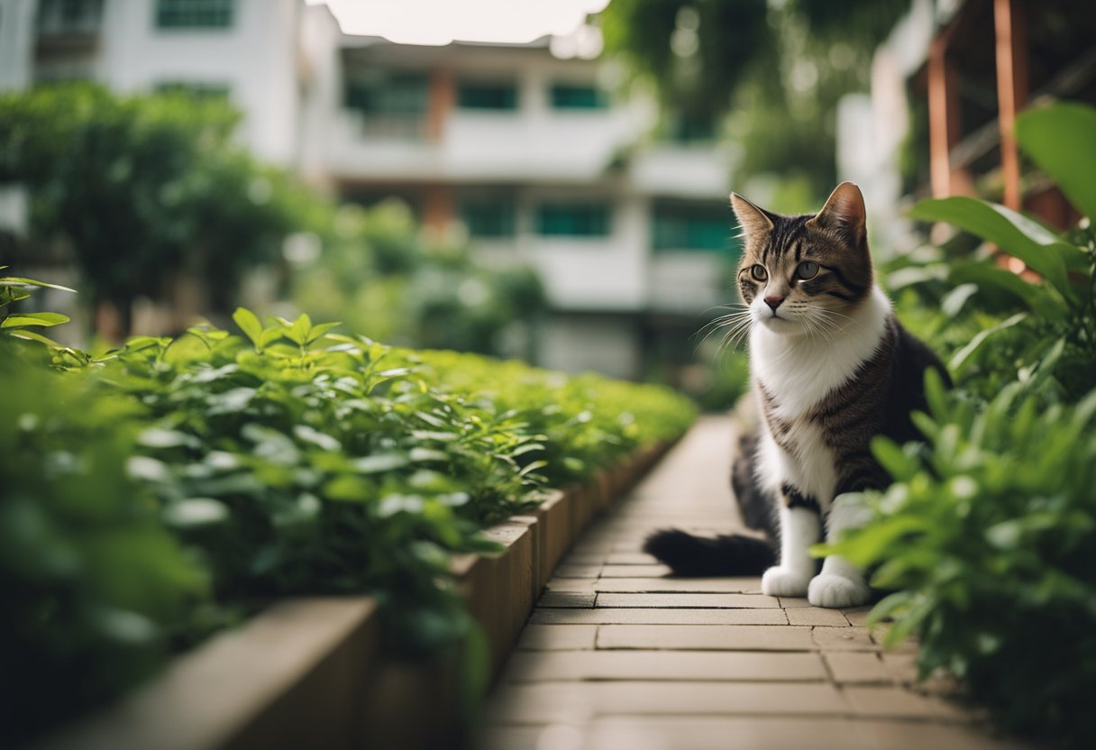 Cats roam freely in a lush, urban heartland. They lounge on warm pavements, surrounded by colorful HDB buildings and greenery