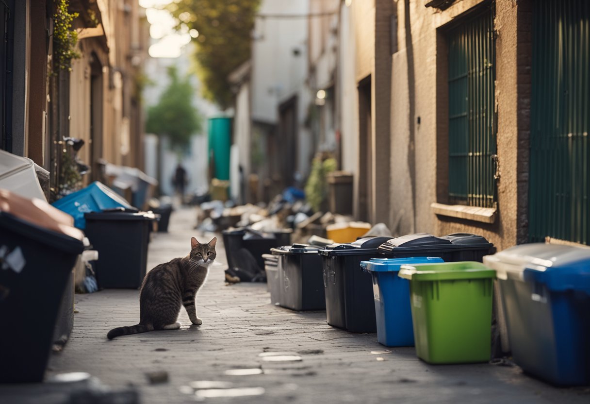 A cluttered alleyway with stray cats roaming among trash bins and discarded items. The cats appear malnourished and wary of their surroundings