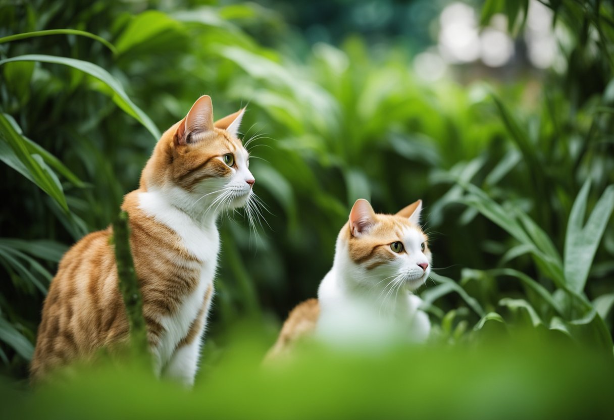 Cats roam freely in a lush garden in heartland Singapore. Pros include pest control and companionship. Cons involve potential conflicts with residents and wildlife