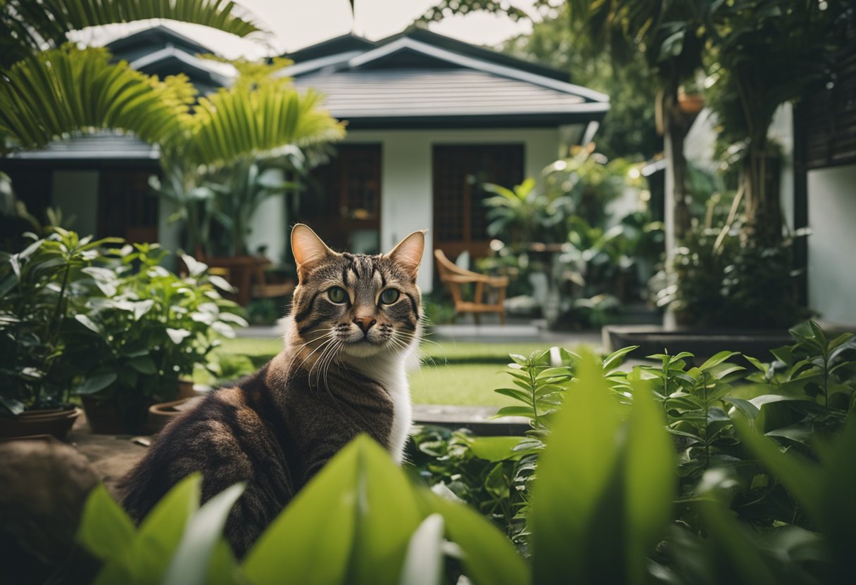 Cats lounging in a lush garden in Heartland Singapore, with curious onlookers and cozy homes in the background