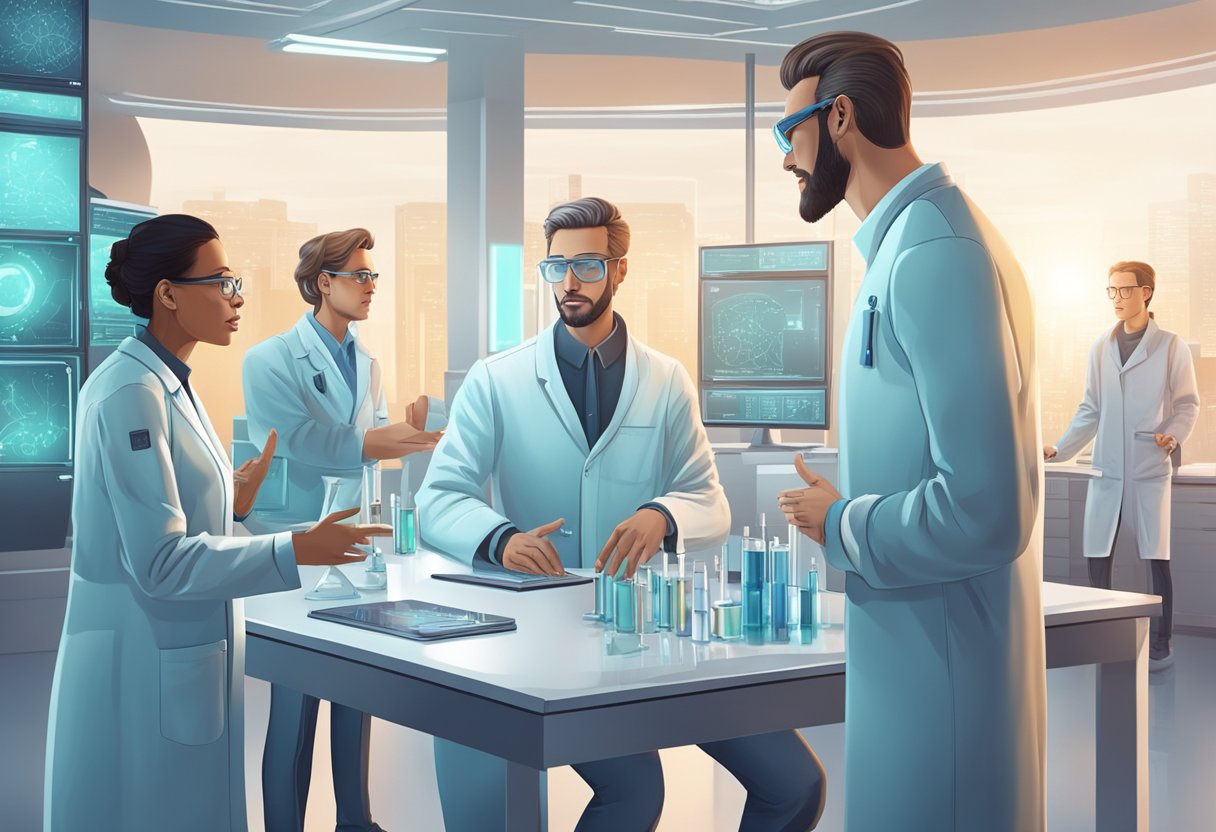 A group of scientists discussing the ethical implications of human augmentation technologies in a futuristic laboratory setting