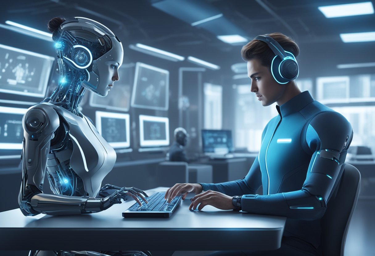 AI and human augmentation tech merge in a futuristic lab, with sleek, advanced machinery and computer systems working seamlessly together