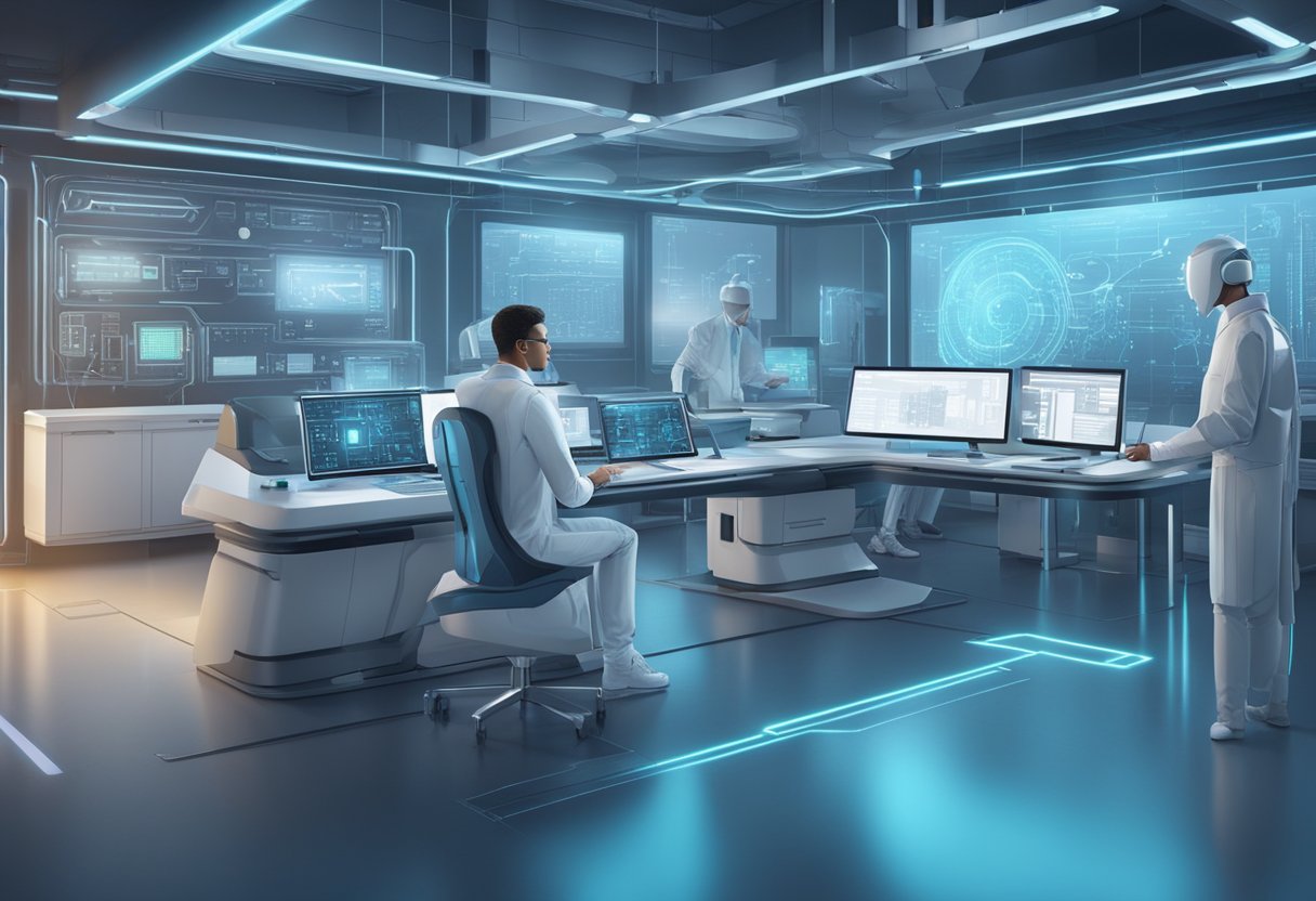 A futuristic laboratory with advanced machinery and computer interfaces, showcasing the challenges in human augmentation technologies