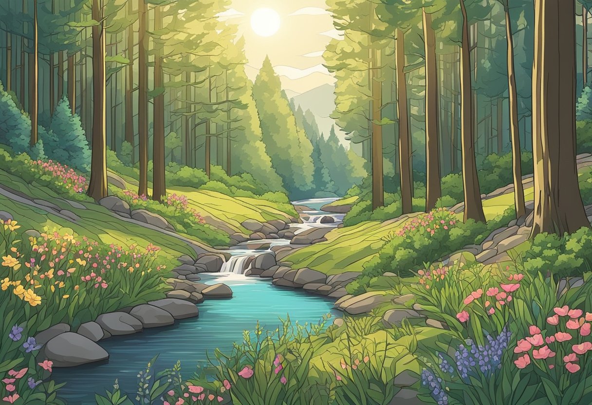 A serene forest clearing with sunlight filtering through the trees, surrounded by vibrant wildflowers and a gentle stream flowing nearby