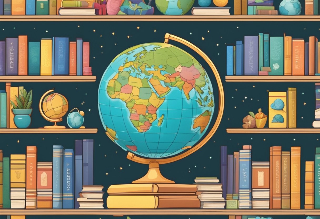 A colorful bookshelf with Spanish and English baby name books, a globe, and a bilingual nursery rhyme playing in the background