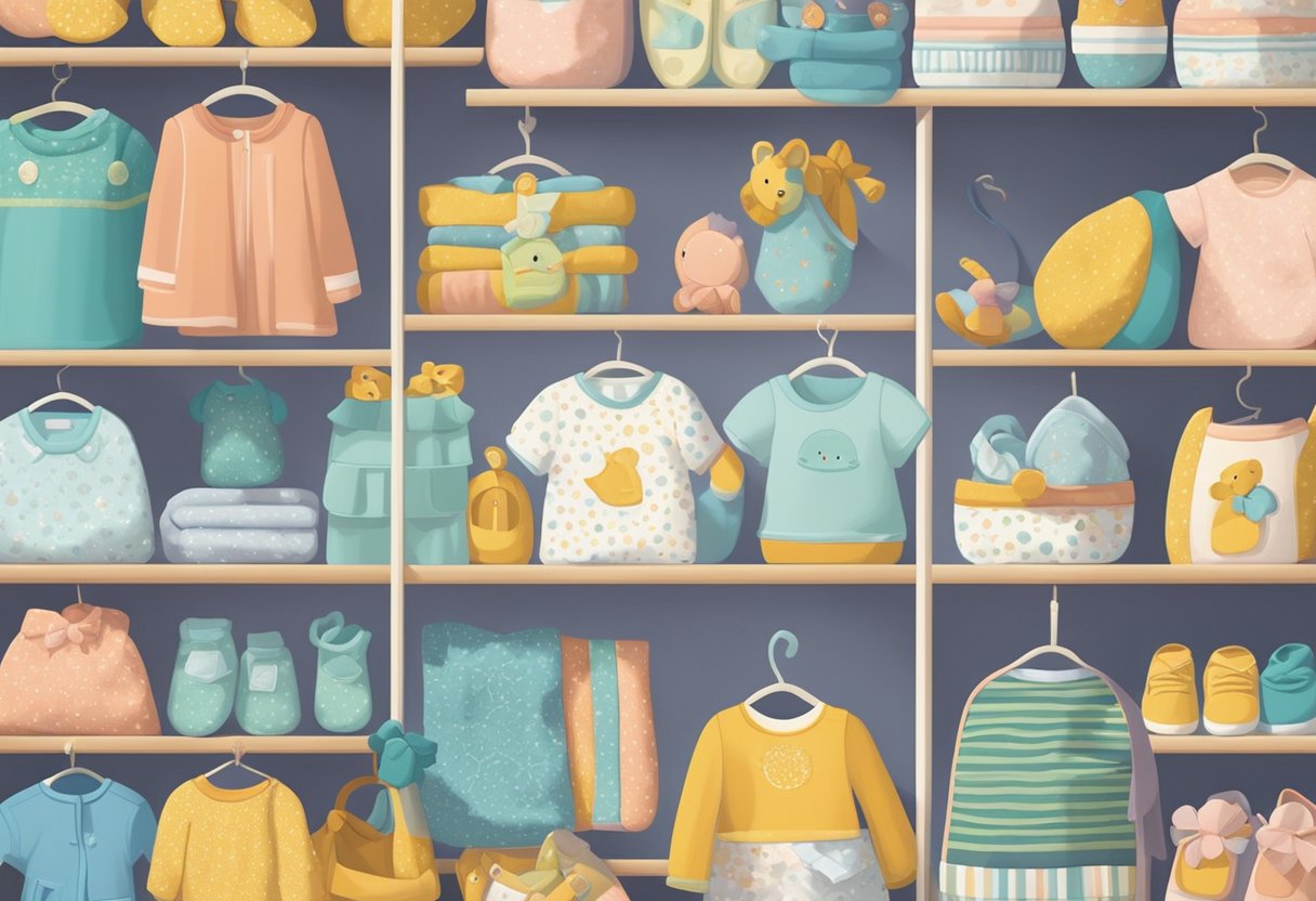 A colorful array of baby items, like rattles, blankets, and onesies, are displayed on a shelf with the words "More Name Ideas lds baby names" above