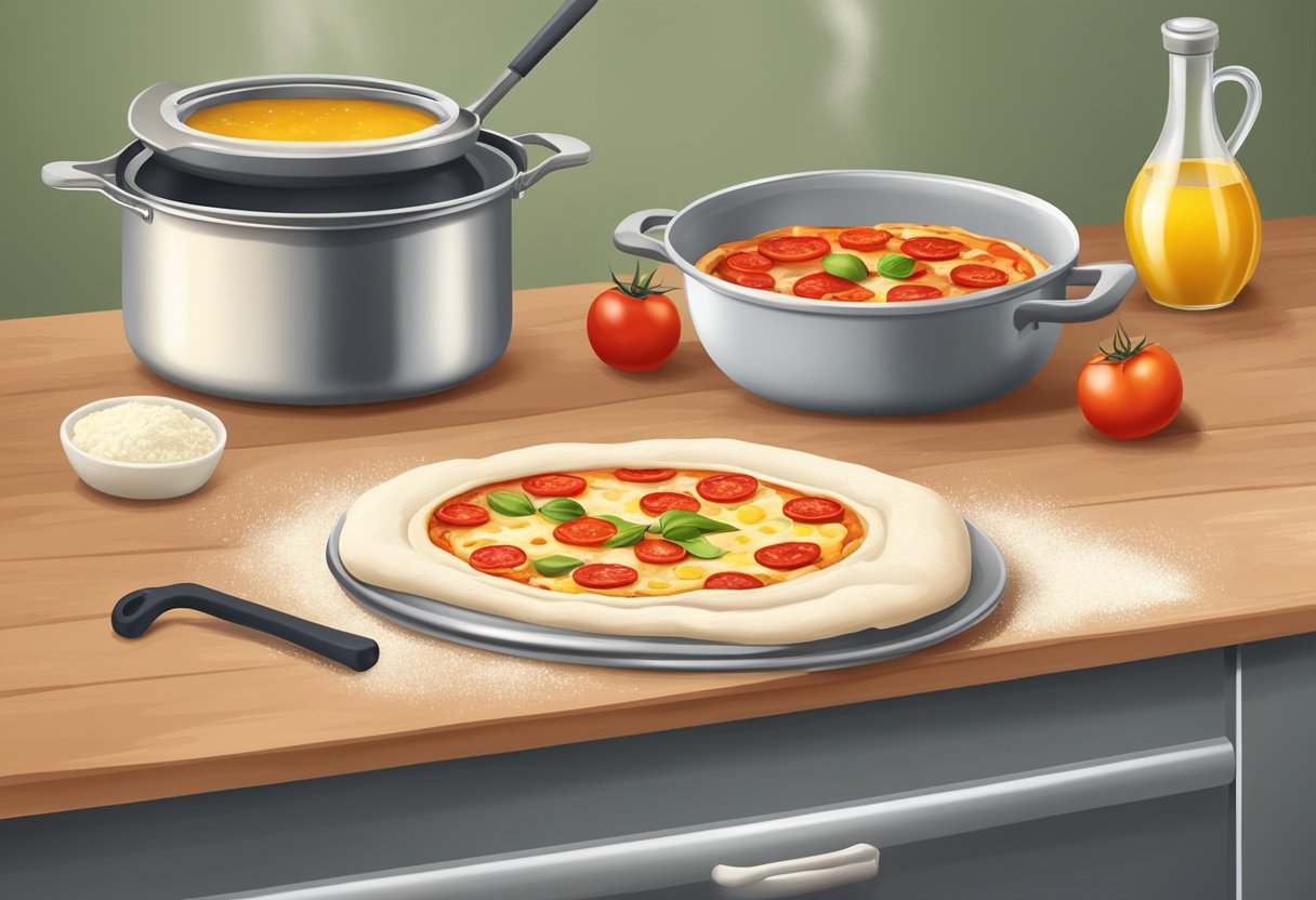 A kitchen counter with flour, yeast, olive oil, and a rolling pin. A bowl of pizza dough, a saucepan of tomato sauce, and a pizza stone in the oven