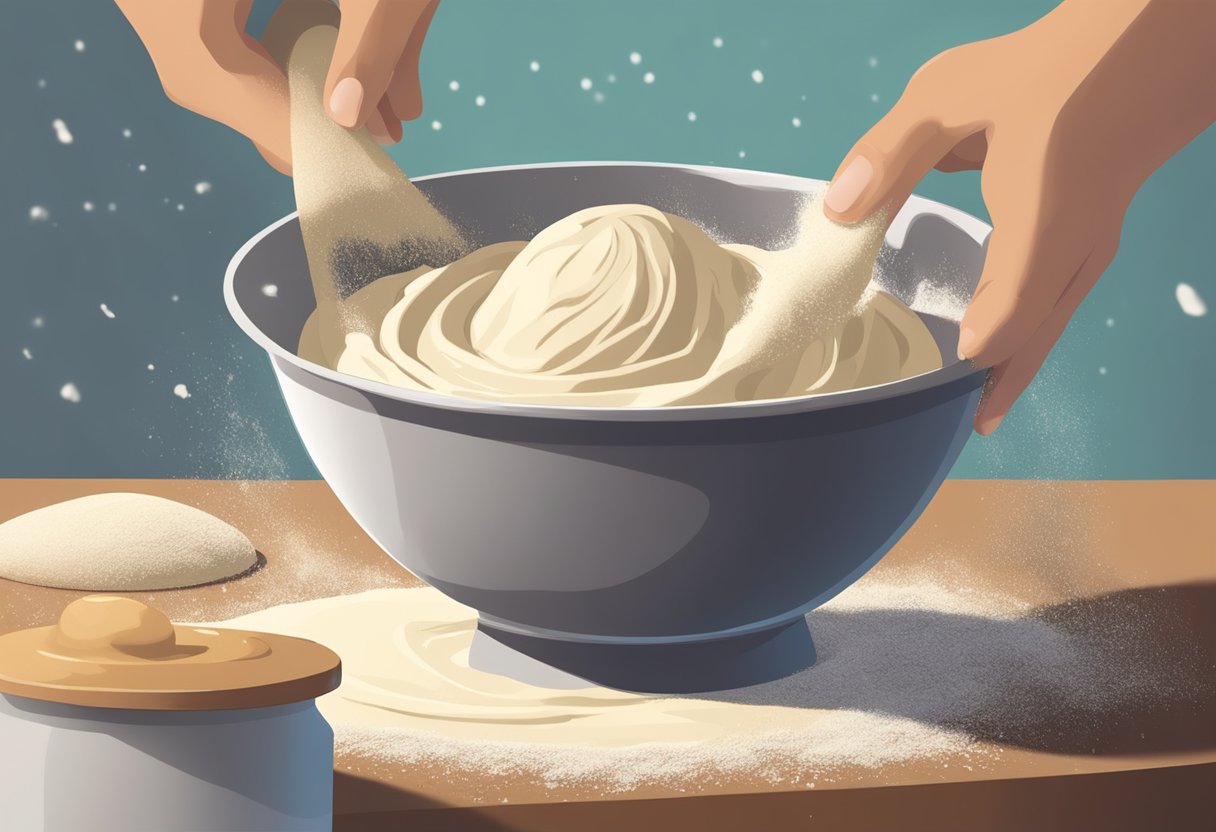 Dough being mixed and kneaded in a large bowl, flour dusting the surface as hands work the dough