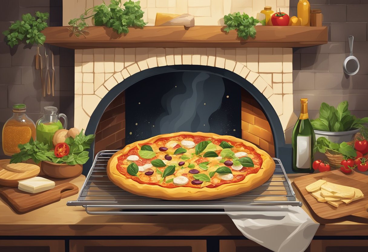 A pizza being pulled out of a hot oven, with bubbling cheese and golden crust, surrounded by fresh ingredients and a rustic kitchen setting