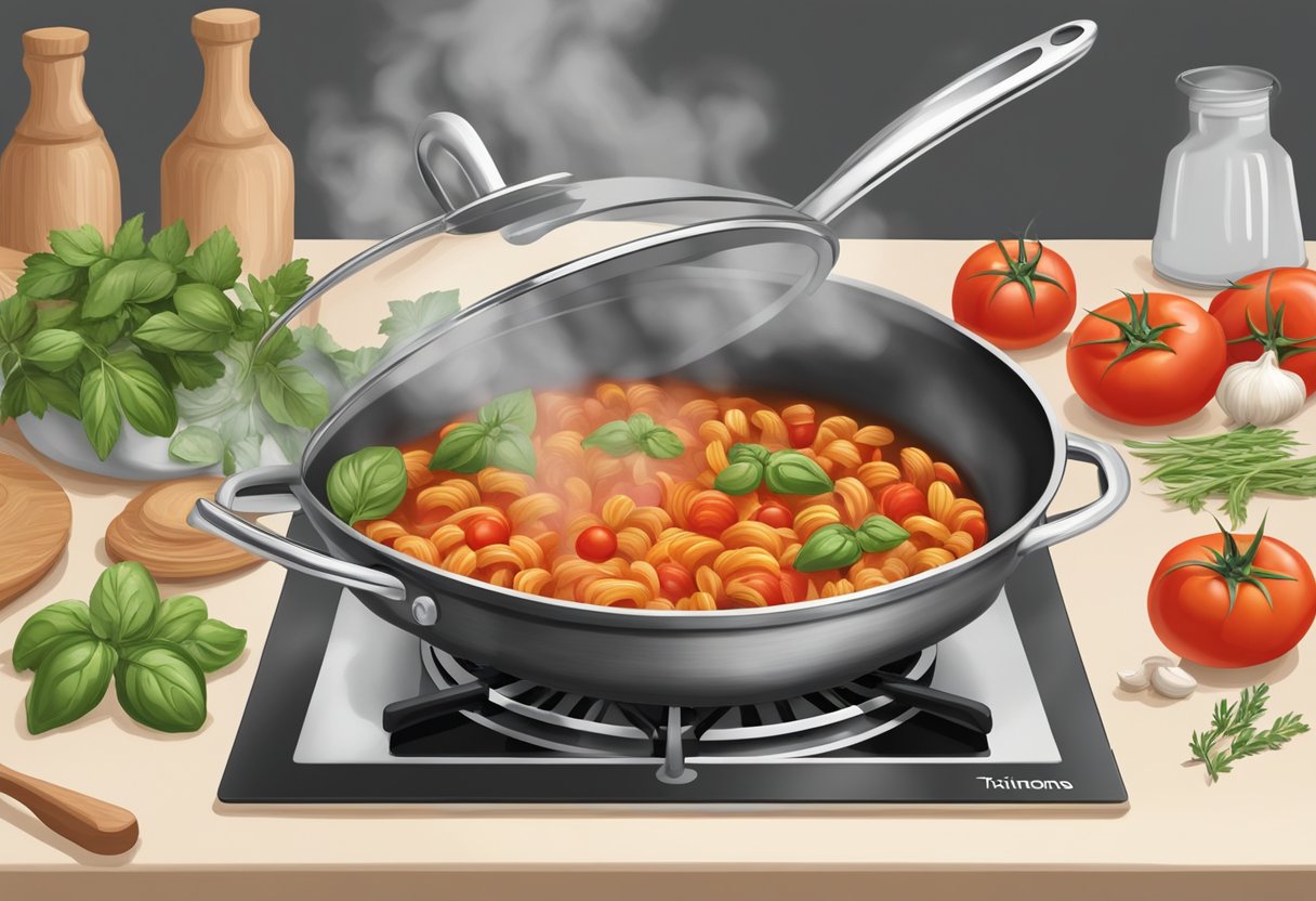 A pot simmers on a stovetop, filled with tomatoes, garlic, and herbs. Steam rises as the ingredients meld together, creating a simple and flavorful pasta sauce