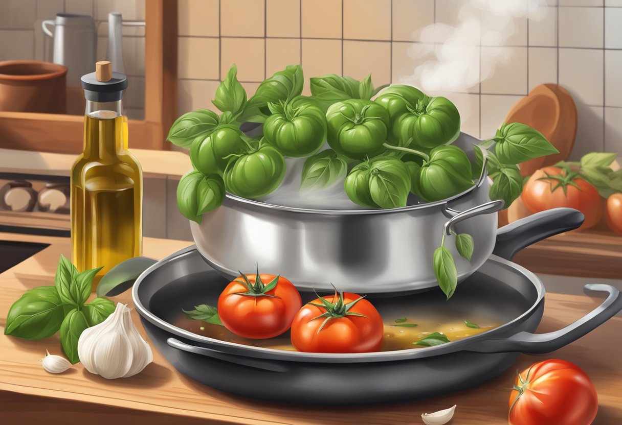 Fresh tomatoes, garlic, basil, and olive oil arranged on a wooden cutting board. A pot simmering on the stove, steam rising as the ingredients are added