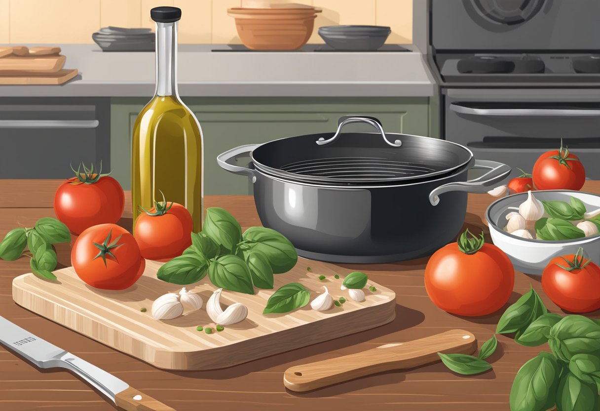 A table filled with fresh tomatoes, garlic, basil, and olive oil. A pot of simmering sauce on a stove. A chef's knife and cutting board ready for prep